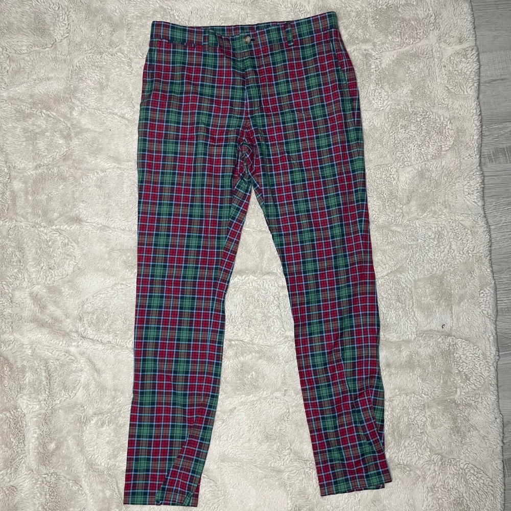 Vineyard Vines Slim Pant Mens 35x32 Red Green Blue Plaid Cotton Stretch Trousers